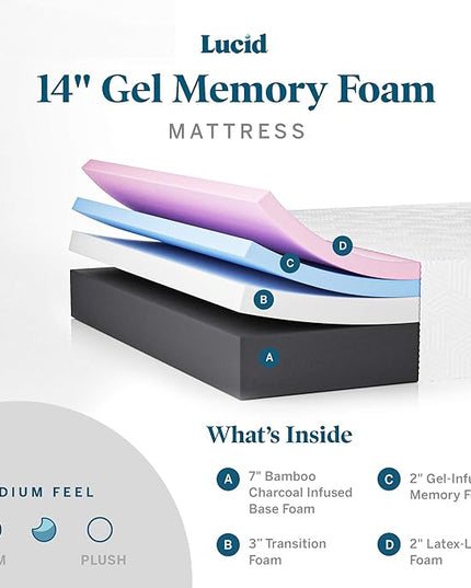 LUCID 14 Inch Memory Foam Mattress - Medium Feel - Memory Foam Infused with Bamboo Charcoal and Gel - Temperature Regulating - Pressure Relief - Breathable - Premium Support - Twin XL Size - LeafyLoom