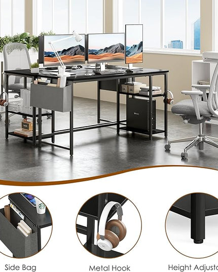 Computer Desk, 55” Home Office Desks, Modern Small Desk for Bedroom, Gaming Desk with Iron Hook and Height Adjustable Feet, Sturdy Student Writing Desk with Storage Bag, Storage Shelves - LeafyLoom