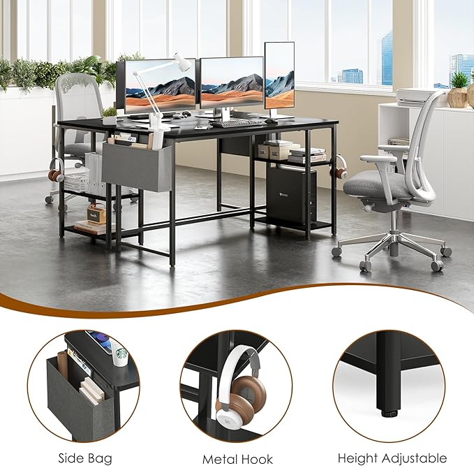 Computer Desk, 55” Home Office Desks, Modern Small Desk for Bedroom, Gaming Desk with Iron Hook and Height Adjustable Feet, Sturdy Student Writing Desk with Storage Bag, Storage Shelves - LeafyLoom