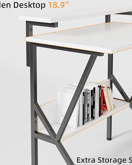 COTUBLR Small Desk, Small Computer Desk for Small Spaces, 27.5 Inch Computer Desk with Adjustable Monitor Stand, Compact Desk with Storage for Bedroom Home Office, White Tabletop+Black Frame - LeafyLoom