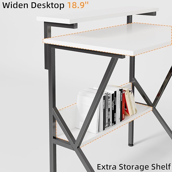 COTUBLR Small Desk, Small Computer Desk for Small Spaces, 27.5 Inch Computer Desk with Adjustable Monitor Stand, Compact Desk with Storage for Bedroom Home Office, White Tabletop+Black Frame - LeafyLoom