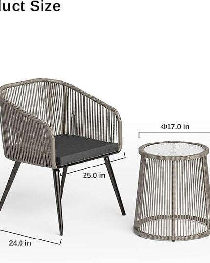 EAST OAK Breezeway Patio Furniture Set, 3-Piece Outside Bistro Set Handwoven Rattan Wicker Chairs with Waterproof Cushions, Tempered Glass Table, Outdoor Conversation Set, Light Grey & Dark Grey - LeafyLoom