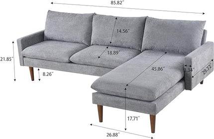 Sectional 86" Velvet Upholstered L-Shaped Sofa with Padded Cashmere,Multi-Functional 3 Seat Convertible Sleeper Couch w/Tapered Wood Legs and Adjustable Backrest,for Living Room,Grey - LeafyLoom