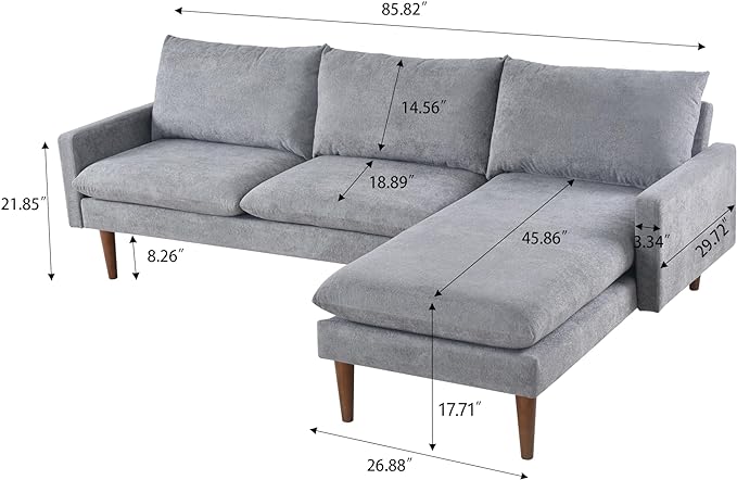 Sectional 86" Velvet Upholstered L-Shaped Sofa with Padded Cashmere,Multi-Functional 3 Seat Convertible Sleeper Couch w/Tapered Wood Legs and Adjustable Backrest,for Living Room,Grey - LeafyLoom
