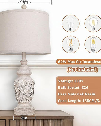 TOBUSA Farmhouse Table Lamps Set of 2, 26” Tall Bedside Lamps with Dual USB Ports, Nightstand Lamps with Carved Floral, Resin End Table Lamps for Living Room, Bedroom, Rotary Switch, No Bulbs - LeafyLoom