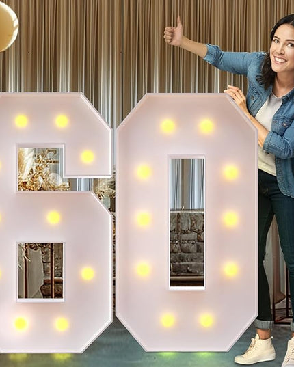 Rielmox Marquee Light Up Number 60, 4FT Large Birthday Decorations Party Decor White Anniversary Decoration w/Warm Lights for Boys Girls Kids Teens Adults - LeafyLoom