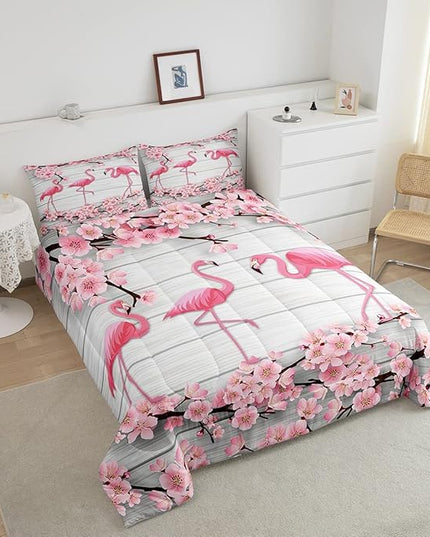 Erosebridal Flamingo Bedding Set Twin,Cherry Blossoms Comforter Set for Girls Teens Women,Pink Tropical Bird Animal Comforter Flower Rustic Wooden Board Quilt Duvet Sets with 1 Pillow Case - LeafyLoom