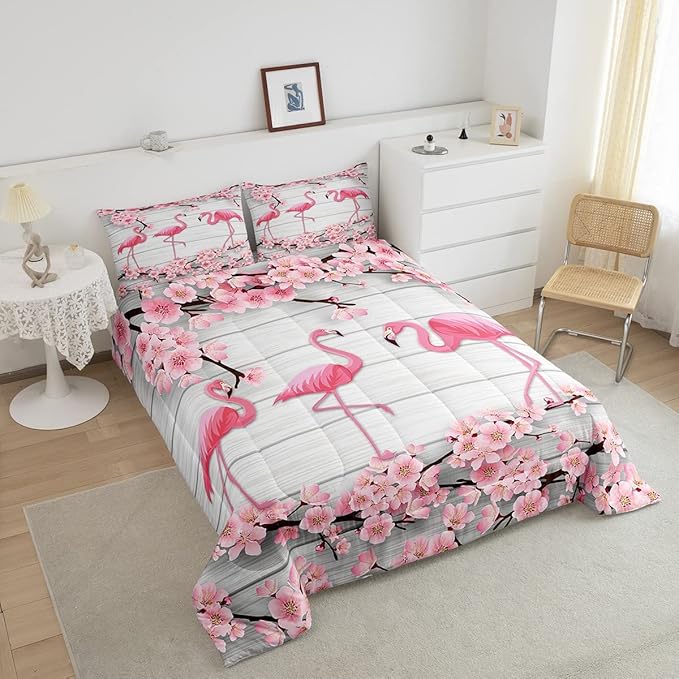 Erosebridal Flamingo Bedding Set Twin,Cherry Blossoms Comforter Set for Girls Teens Women,Pink Tropical Bird Animal Comforter Flower Rustic Wooden Board Quilt Duvet Sets with 1 Pillow Case - LeafyLoom