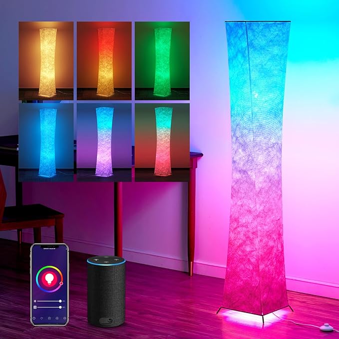 chiphy Floor Lamp, RGB Color Changing Floor Lamps, App Control Work with Alexa, 61" Tall White Column Floor Lamp Dimmable for Living Room, Bedroom, Game Room - LeafyLoom