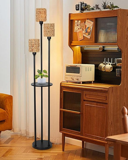 Boho Floor Lamp, 3-Lights Rattan Floor Lamp with Shelves, Farmhouse Floor Lamp with ON/OFF Foot Switch, Rustic Standing Lamp with Rattan Shades, Tall Shelf Floor Lamps for Living Room Bedroom - LeafyLoom