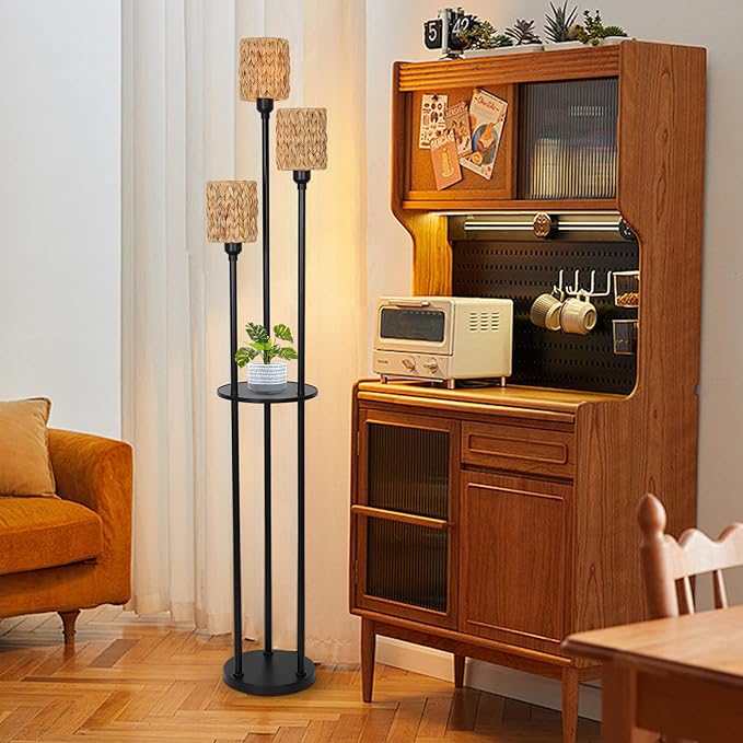 Boho Floor Lamp, 3-Lights Rattan Floor Lamp with Shelves, Farmhouse Floor Lamp with ON/OFF Foot Switch, Rustic Standing Lamp with Rattan Shades, Tall Shelf Floor Lamps for Living Room Bedroom - LeafyLoom