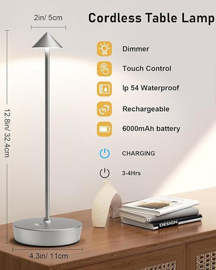 Rechargeable Cordless Table Lamp, 6000mAh LED Battery Operated Desk Lamp Touch 3 Color Stepless Dimming Portable Outdoor Waterproof Table Light for Patio/Restaurant/Dining/Home (Silver) - LeafyLoom