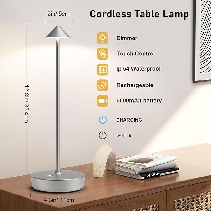 Rechargeable Cordless Table Lamp, 6000mAh LED Battery Operated Desk Lamp Touch 3 Color Stepless Dimming Portable Outdoor Waterproof Table Light for Patio/Restaurant/Dining/Home (Silver) - LeafyLoom