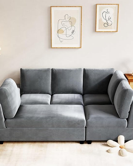 138" Convertible Sofa Velvet U Shaped Couch with Reversible Modular Sectional Sofa&Couch 6 Seater with Chaise Lounge,Freely Combinable Indoor Furniture for Living Room, Apartment, Grey-A - LeafyLoom