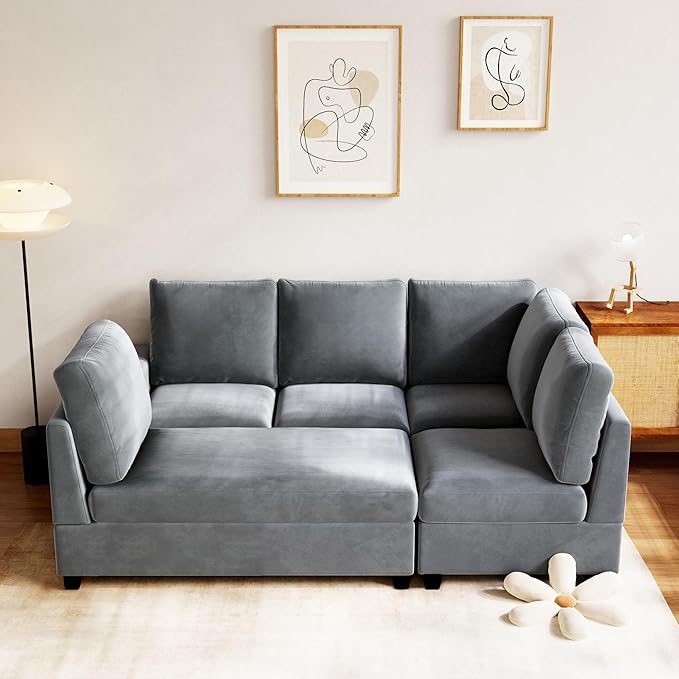 138" Convertible Sofa Velvet U Shaped Couch with Reversible Modular Sectional Sofa&Couch 6 Seater with Chaise Lounge,Freely Combinable Indoor Furniture for Living Room, Apartment, Grey-A - LeafyLoom