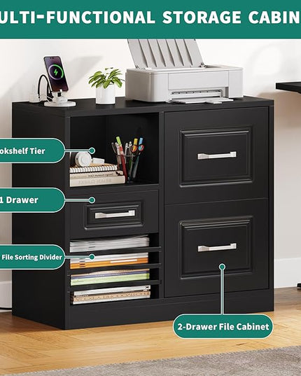 YITAHOME 3 Drawer File Cabinet, Filing Cabinet with Charging Station, Printer Stand with Open Storage Shelves, Fits for A4, Letter, Legal Size Files, Black - LeafyLoom