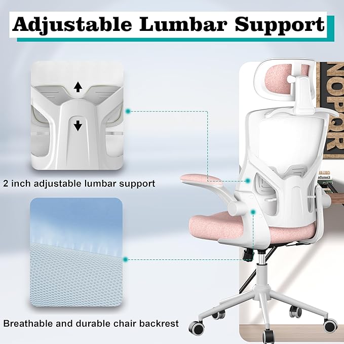 Ergonomic Office Chair, High Back Mesh Desk Chair with Thick Molded Foam Cushion, Coat Hanger, Adjustable Headrest, Lumbar Support, Tilt & Lock Function-Task Chair (Petal Pink) - LeafyLoom