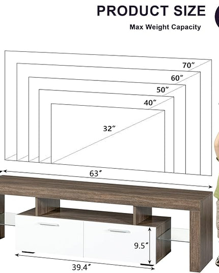 Clikuutory Modern LED TV Stand with Large Storage Drawer for up to 75 Inch TVs, Brown and White Doors, Wood Farmhouse TV Console with Glossy Entertainment Center for Living Room, Bedroom - LeafyLoom