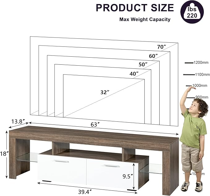 Clikuutory Modern LED TV Stand with Large Storage Drawer for up to 75 Inch TVs, Brown and White Doors, Wood Farmhouse TV Console with Glossy Entertainment Center for Living Room, Bedroom - LeafyLoom