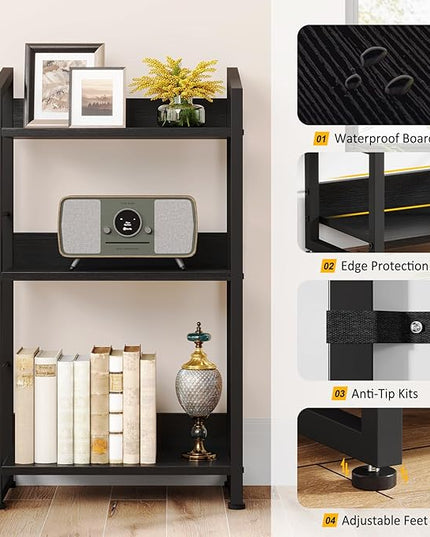 3 Tier Bookshelf: Small Modern Industrial Bookshelves for Bedroom, Short Bookcase Book Shelf for Small Spaces (Black) - LeafyLoom