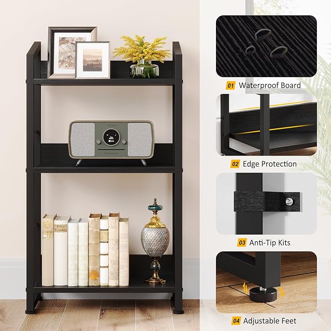 3 Tier Bookshelf: Small Modern Industrial Bookshelves for Bedroom, Short Bookcase Book Shelf for Small Spaces (Black) - LeafyLoom