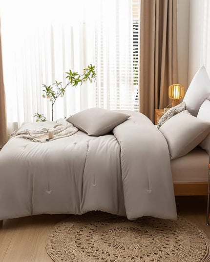 3PCS Boho Full Size Comforter Set Tannish Grey Farmhouse Bed Comforter for Teen Women and Men Reversible Warm Washable Microfiber Comforter for All Season - LeafyLoom