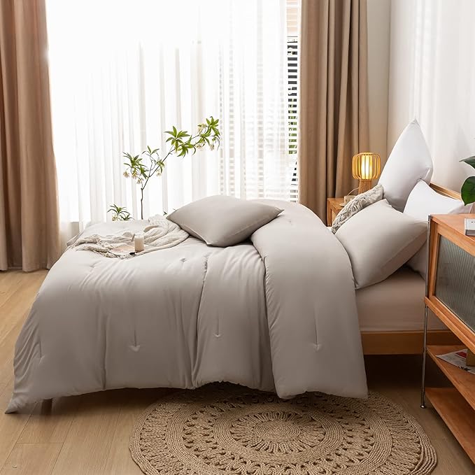 3PCS Boho Full Size Comforter Set Tannish Grey Farmhouse Bed Comforter for Teen Women and Men Reversible Warm Washable Microfiber Comforter for All Season - LeafyLoom