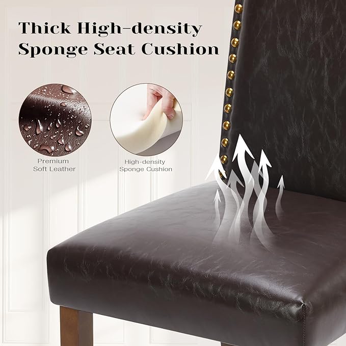 DUMOS Dining Chairs Set of 6, PU Leather Dining Room Chairs, Upholstered Parsons Chairs with Nailhead Trim & Wood Legs, Kitchen Side Chair for Dining Living Room,Bedroom - Brown - LeafyLoom