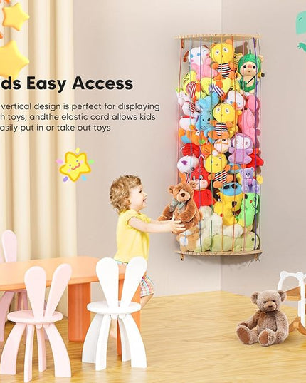 Stuffed Animal Storage Toy Organizer, Wood Corner Plushies Storage Wall Shelf Adjustable Length Stuffed Animal Holder, Large Kids Toy Storage for Nursery Playroom Bedroom Kid Room - LeafyLoom