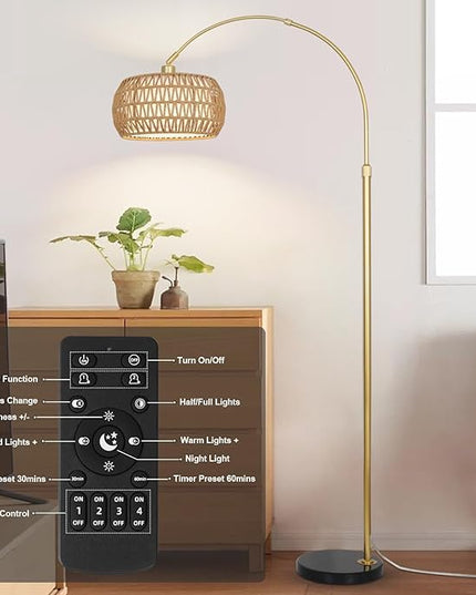 Gold Floor Lamps for Living Room, Arc Floor Lamp with Remote & Dimmable Bulb, Boho Rattan Standing lamp with 3 Color Temperatures, Height Adjustable Tall Lamp for Bedroom, Over Couch Reading Lamp - LeafyLoom
