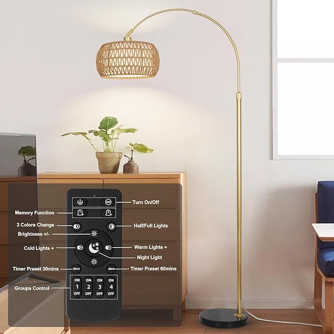 Gold Floor Lamps for Living Room, Arc Floor Lamp with Remote & Dimmable Bulb, Boho Rattan Standing lamp with 3 Color Temperatures, Height Adjustable Tall Lamp for Bedroom, Over Couch Reading Lamp - LeafyLoom