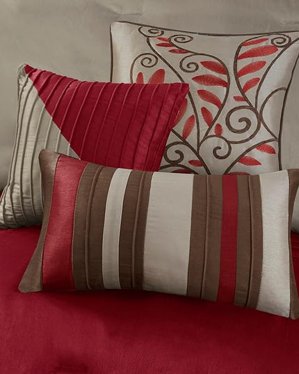 Madison Park Amherst Faux Silk Comforter Set-Casual Contemporary Design All Season Down Alternative Bedding, Matching Shams, Bedskirt, Decorative Pillows, Queen(90"x90"), Red, 7 Piece (MP10-037) - LeafyLoom