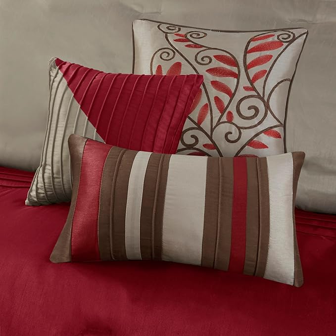 Madison Park Amherst Faux Silk Comforter Set-Casual Contemporary Design All Season Down Alternative Bedding, Matching Shams, Bedskirt, Decorative Pillows, Queen(90"x90"), Red, 7 Piece (MP10-037) - LeafyLoom