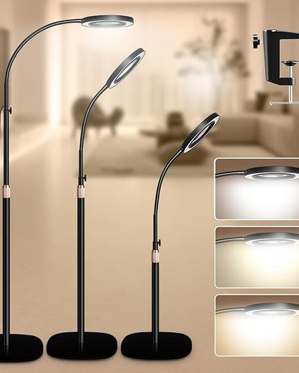 HITTI 10X Magnifying Glass with Light and Clamp, Hands Free Magnifying Floor Lamp with Flexible Gooseneck, 3 Color Stepless Dimmable LED Lighted Magnifier Light Stand for Esthetician Craft Close Works - LeafyLoom