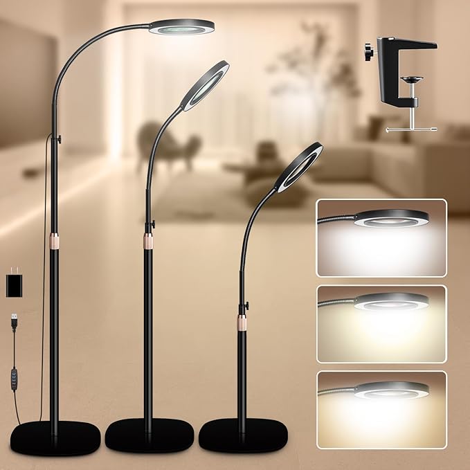 HITTI 10X Magnifying Glass with Light and Clamp, Hands Free Magnifying Floor Lamp with Flexible Gooseneck, 3 Color Stepless Dimmable LED Lighted Magnifier Light Stand for Esthetician Craft Close Works - LeafyLoom