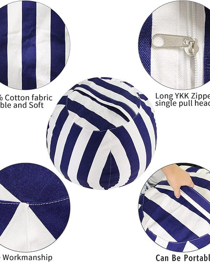 2 PCS Stuffed Animal Storage Bean Bag Chair Cover, Cotton Canvas Beanbag with Zipper for Organizing Kid's and Adults Room Vertical Stripe Blue 24" - LeafyLoom