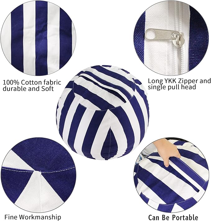 2 PCS Stuffed Animal Storage Bean Bag Chair Cover, Cotton Canvas Beanbag with Zipper for Organizing Kid's and Adults Room Vertical Stripe Blue 24" - LeafyLoom