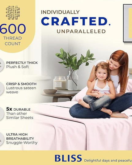 THREAD SPREAD 100% Egyptian Cotton Split King Sheets Sets for Adjustable Bed - 600 Thread Count 5 PC Top Split King Sheets, 16" Deep Pocket Soft Cooling Sheets for Split King Adjustable Bed - Blush - LeafyLoom