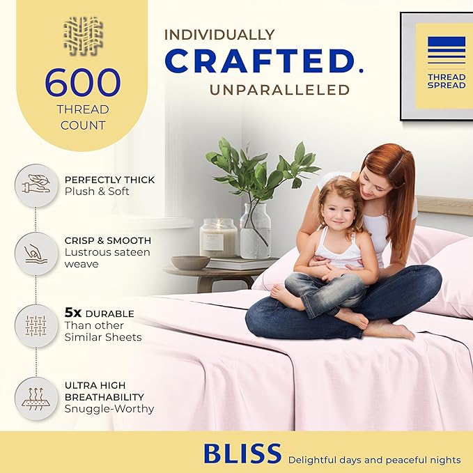 THREAD SPREAD 100% Egyptian Cotton Split King Sheets Sets for Adjustable Bed - 600 Thread Count 5 PC Top Split King Sheets, 16" Deep Pocket Soft Cooling Sheets for Split King Adjustable Bed - Blush - LeafyLoom