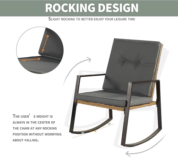 3 Pieces Rocking Chairs Set Balcony Furniture Conversation Sets with Outdoor Table and Chairs,Washable Cushion for Porch,balcony,Garden,Backyard,Poolside Grey - LeafyLoom
