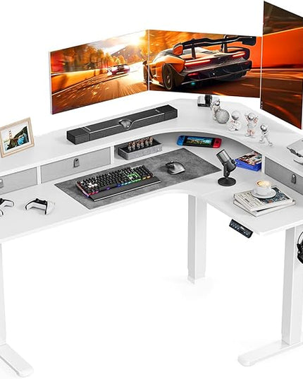 ErGear 65'' L Shaped Standing Desk for Gaming, [3 Drawers & 2 Cable Management Trays] Corner Stand up Desk [Compatible w/C-Clamp Mount] Height Adjustable for Home Office, White - LeafyLoom
