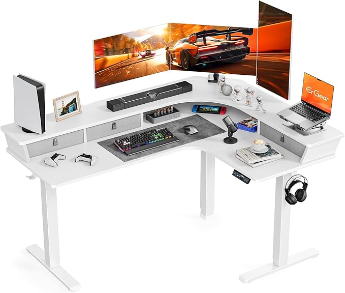 ErGear 65'' L Shaped Standing Desk for Gaming, [3 Drawers & 2 Cable Management Trays] Corner Stand up Desk [Compatible w/C-Clamp Mount] Height Adjustable for Home Office, White - LeafyLoom