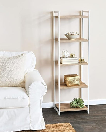 Household Essentials Jamestown Narrow 5 Shelf Open Storage Bookshelf Coastal Oak Rustic Wood Grain and White Metal - LeafyLoom