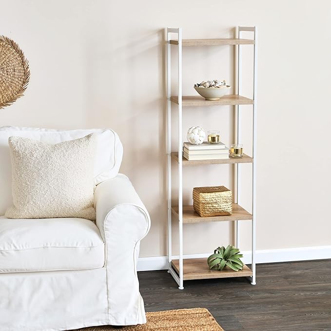 Household Essentials Jamestown Narrow 5 Shelf Open Storage Bookshelf Coastal Oak Rustic Wood Grain and White Metal - LeafyLoom