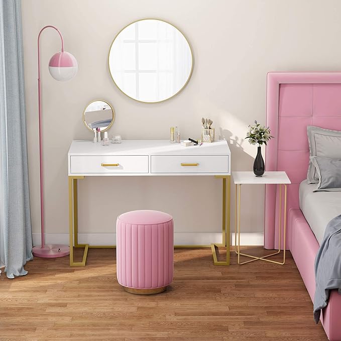 Tribesigns 40 Inch Computer Desk, White and Gold Desk with 2 Drawers, Modern Simple Home Office Desk, Gold Writing Desk Study Table for Bedroom, Modern Makeup Vanity Desk for Small Spaces - LeafyLoom