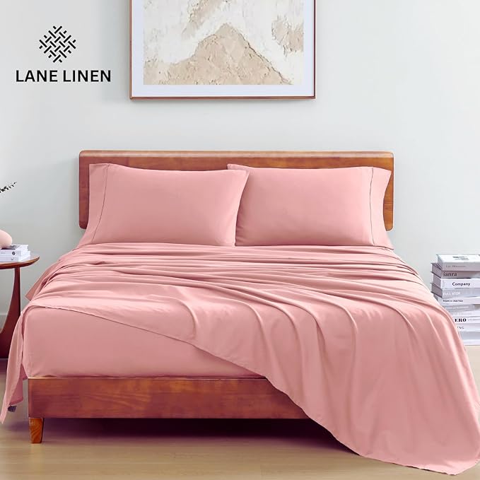 LANE LINEN 100% Organic Cotton California King Sheets Set, 4-Piece Pure Organic Cotton Long Staple Percale Weave Soft Best Bedding Sheets for Bed, Breathable, Fits Mattress Upto 15" Deep - Rose Dawn - LeafyLoom