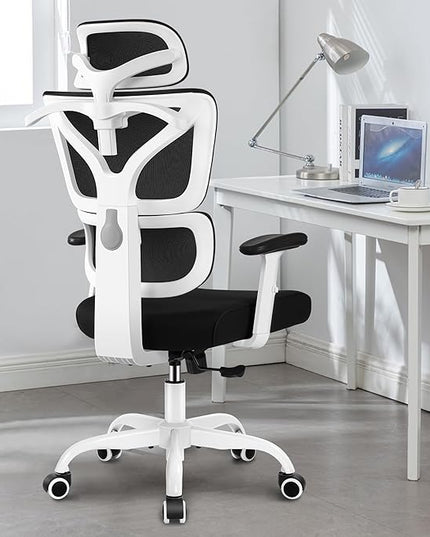 Office Chair Ergonomic Desk Chair, High Back Gaming Chair, Big and Tall Reclining chair Comfy Home Office Desk Chair Lumbar Support Breathable Mesh Computer Chair Adjustable Armrests (White) - LeafyLoom