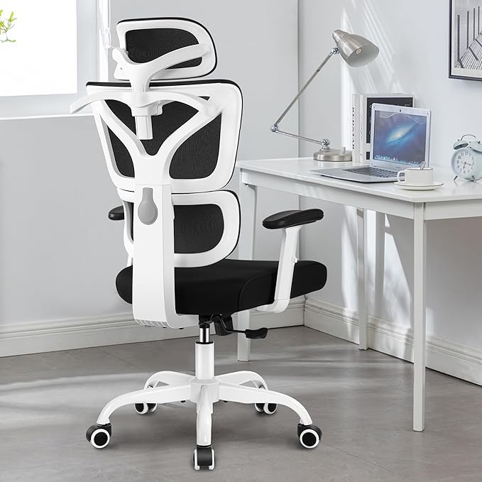 Office Chair Ergonomic Desk Chair, High Back Gaming Chair, Big and Tall Reclining chair Comfy Home Office Desk Chair Lumbar Support Breathable Mesh Computer Chair Adjustable Armrests (White) - LeafyLoom