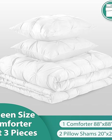 downluxe Pintuck Queen Comforter Set with 2 Pillow Shams - 3-Piece - White Queen Bed Comforter Set for All Seasons, Pinch Pleat Microfiber Down Alternative Bedding Comforter Sets - LeafyLoom
