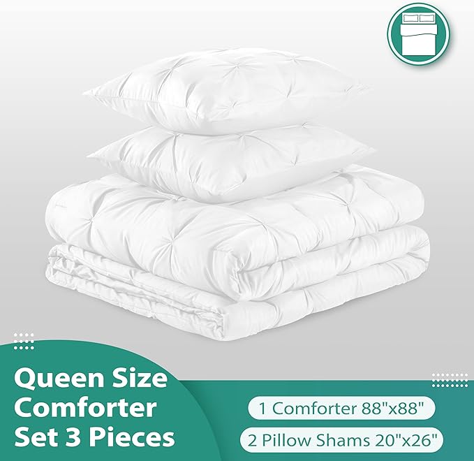 downluxe Pintuck Queen Comforter Set with 2 Pillow Shams - 3-Piece - White Queen Bed Comforter Set for All Seasons, Pinch Pleat Microfiber Down Alternative Bedding Comforter Sets - LeafyLoom